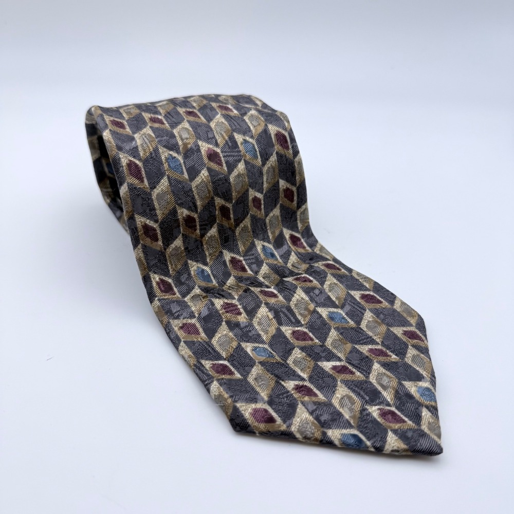 Stafford Mens Silk Tie Geometric Diamond‎ Pattern Grey Gold Made in Italy
